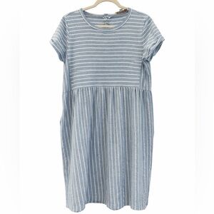 NWOT LOFT Blue & White Striped Midi Dress Short Sleeve Pockets Size L